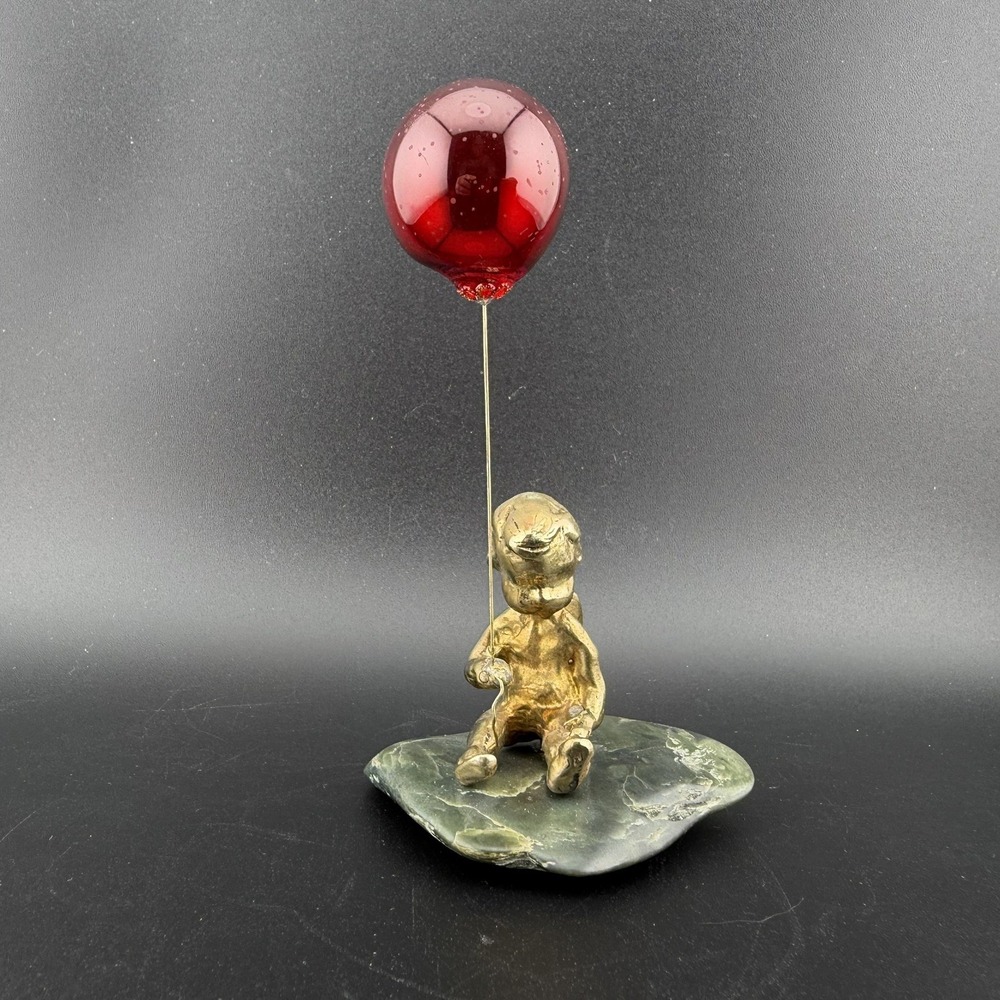 Malcolm Moran Baby Angel with Red Balloon Bronze Sculpture on Jade Nephrite Rare